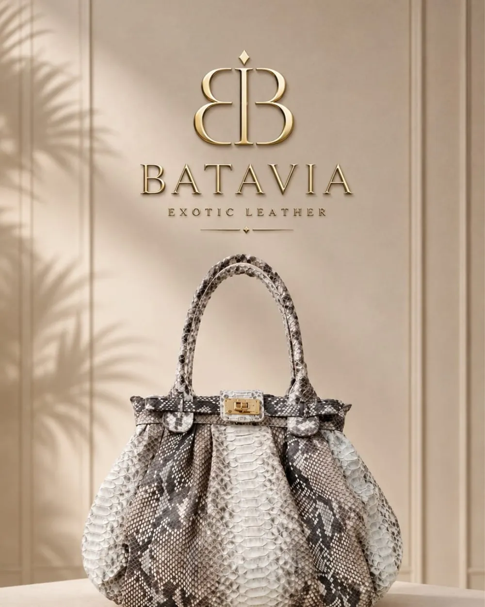 Batavia Bali top handle bag in natural gray and white python leather