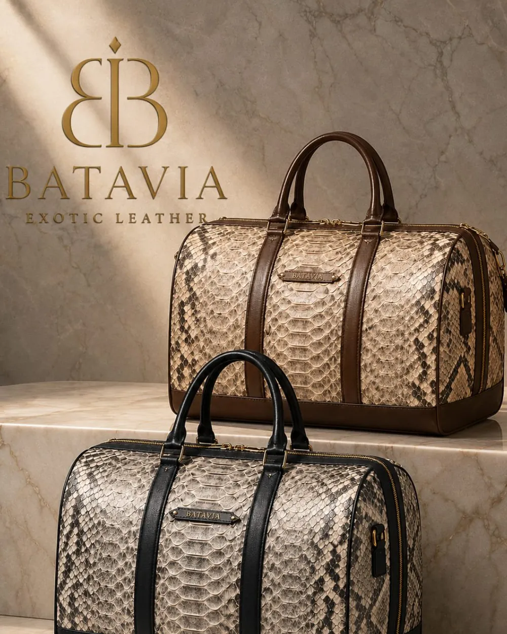 Two Batavia Como Two Tone travel bags in natural python leather, one with brown trim and one with black trim