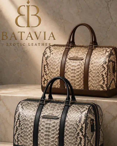 Two Batavia Como Two Tone travel bags in natural python leather, one with brown trim and one with black trim