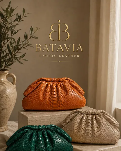 Three Batavia Etoile python leather clutches in orange, green and beige
