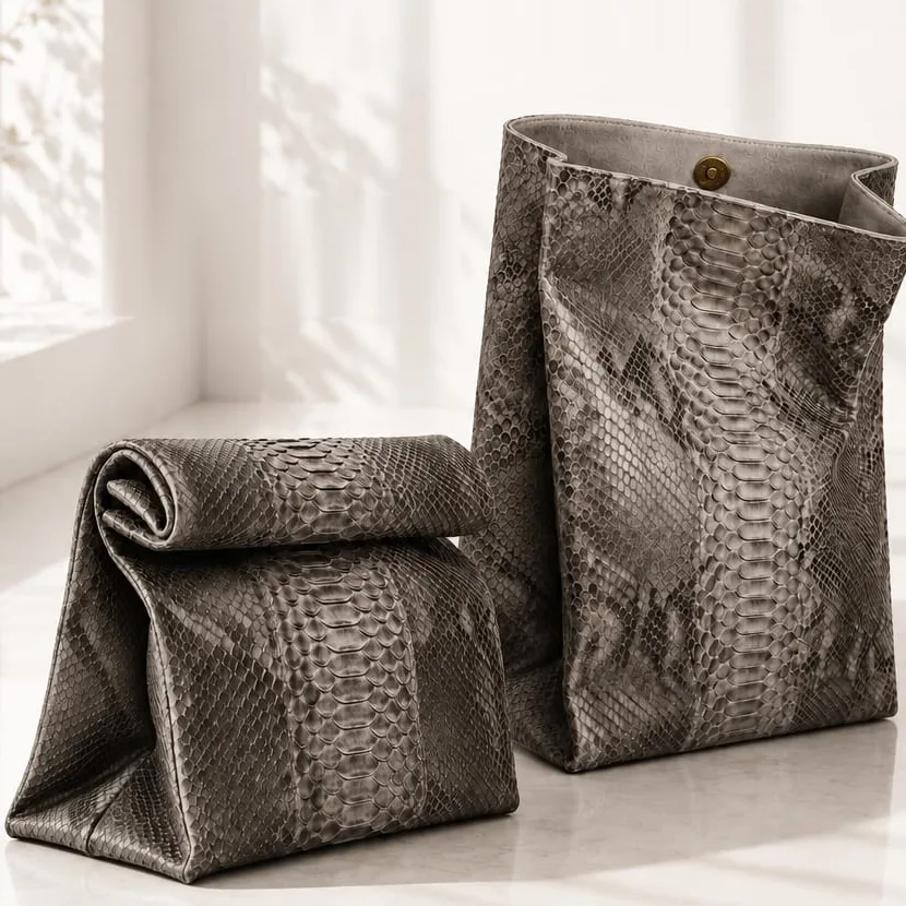 Two Batavia Python Leather Foldable Bags in gray python leather, one rolled shut and one open