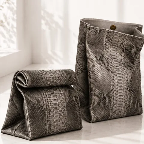 Two Batavia Python Leather Foldable Bags in gray python leather, one rolled shut and one open