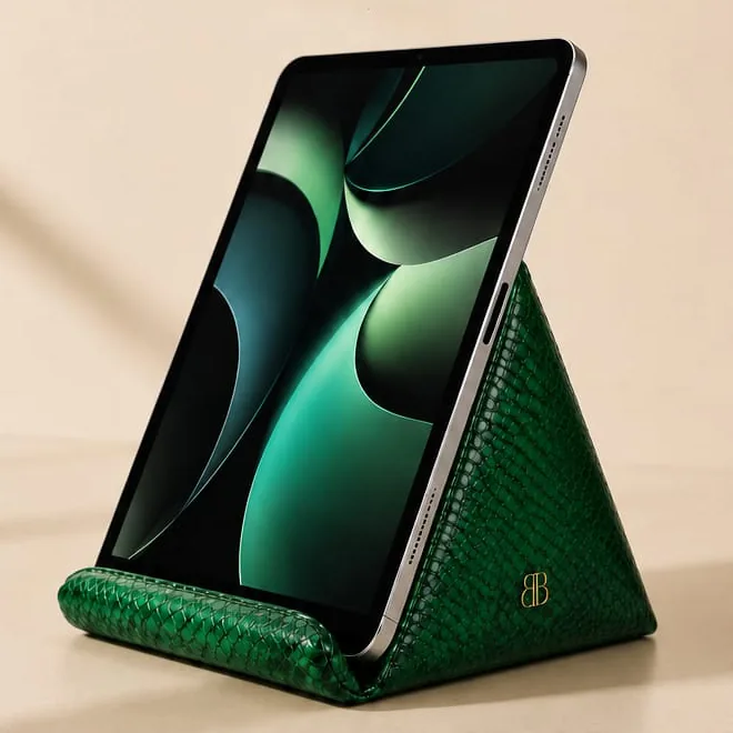 Batavia Python iPad Holder in green python leather holding a tablet upright
