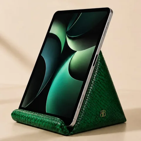 Batavia Python iPad Holder in green python leather holding a tablet upright