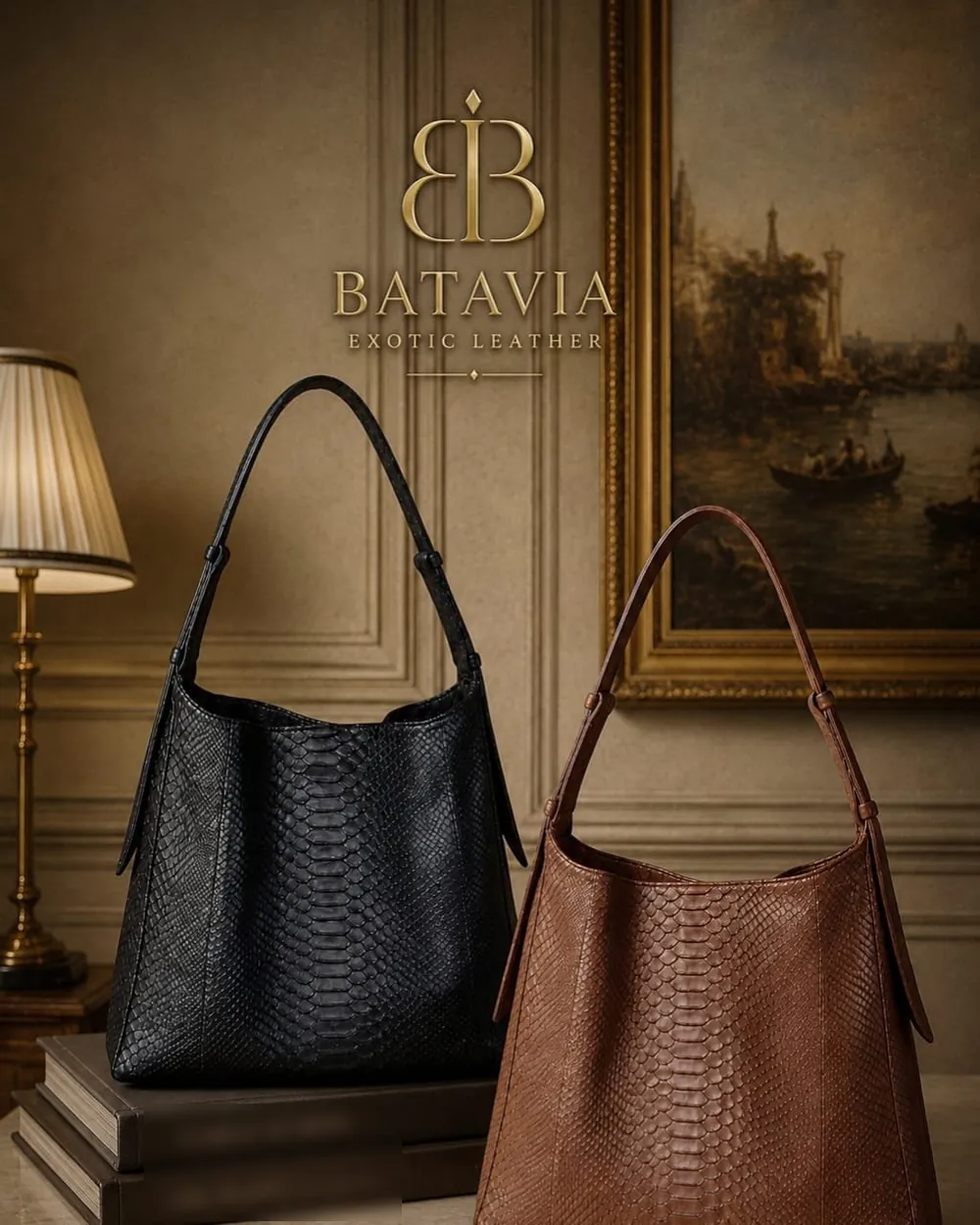 Batavia Java python leather hobo bags in natural, green and navy