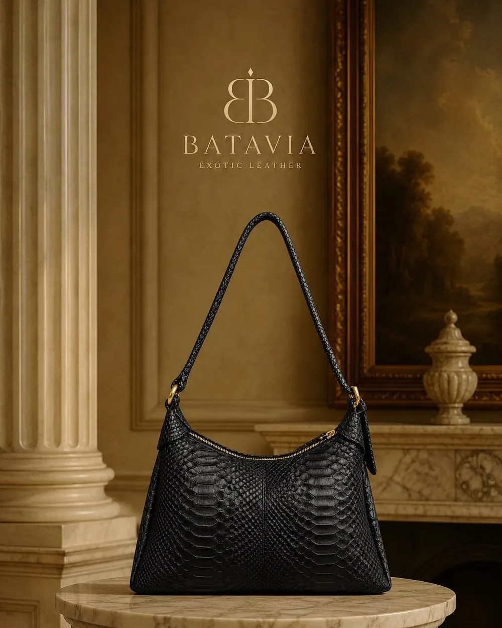 Batavia Komodo python leather shoulder bag in black