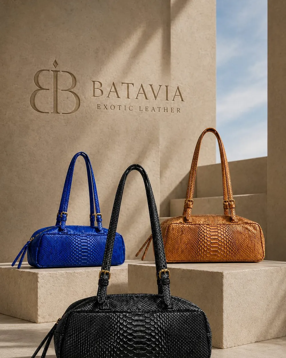 Three Batavia Majapahit python leather shoulder bags in blue, tan and black