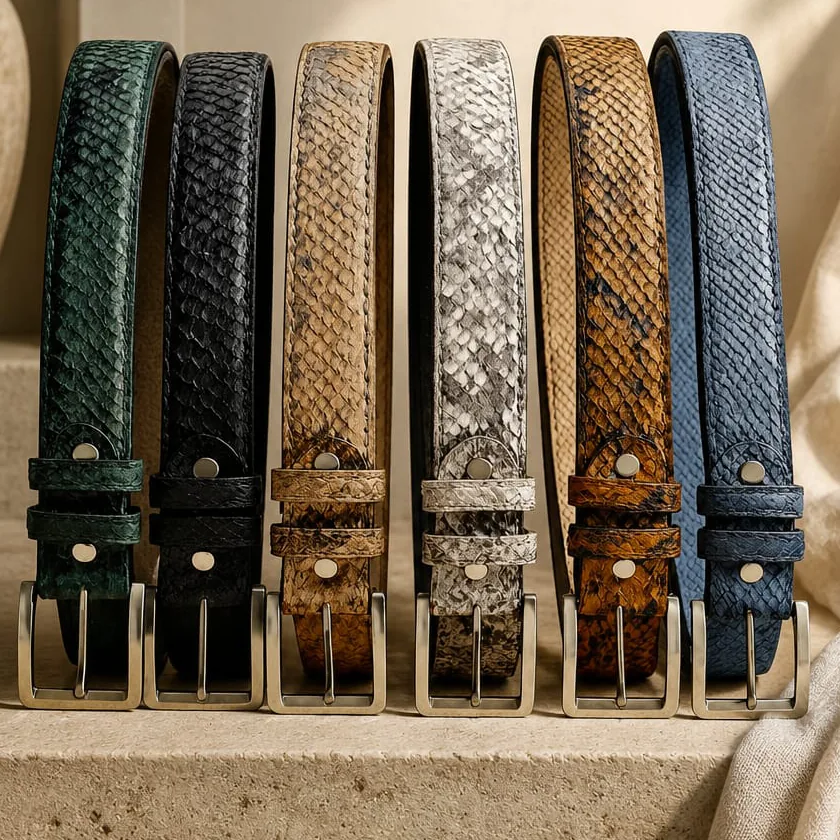 Six Batavia Python Men's Belts in green, black, beige, natural, cognac and blue python leather
