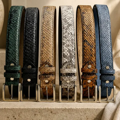 Six Batavia Python Men's Belts in green, black, beige, natural, cognac and blue python leather