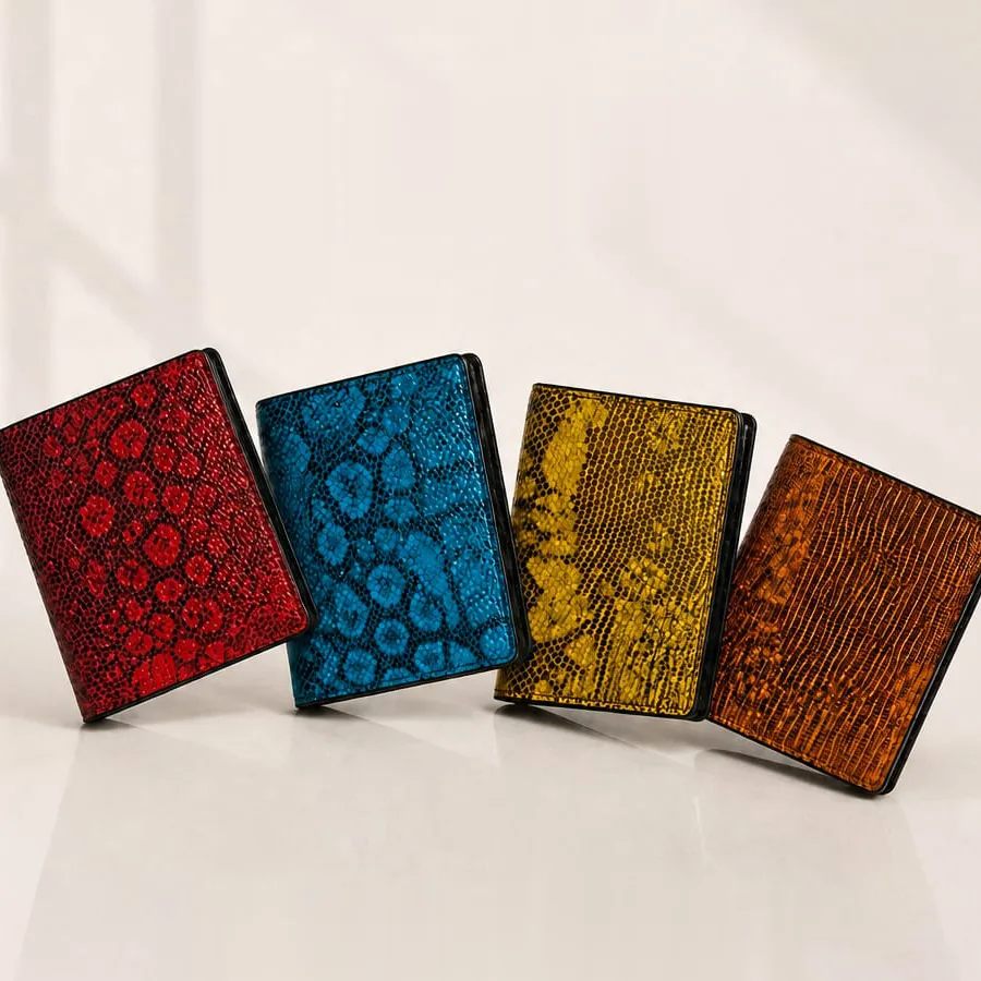 Four Batavia Raja Lizard Leather Men's Wallets in red, blue, yellow and orange lizard leather