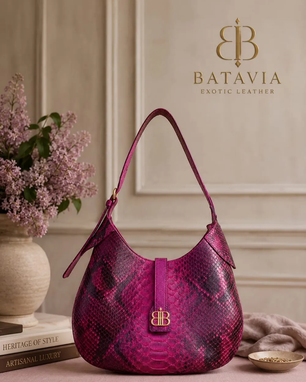 Batavia Raja Ampat python leather hobo bags in natural, navy and black