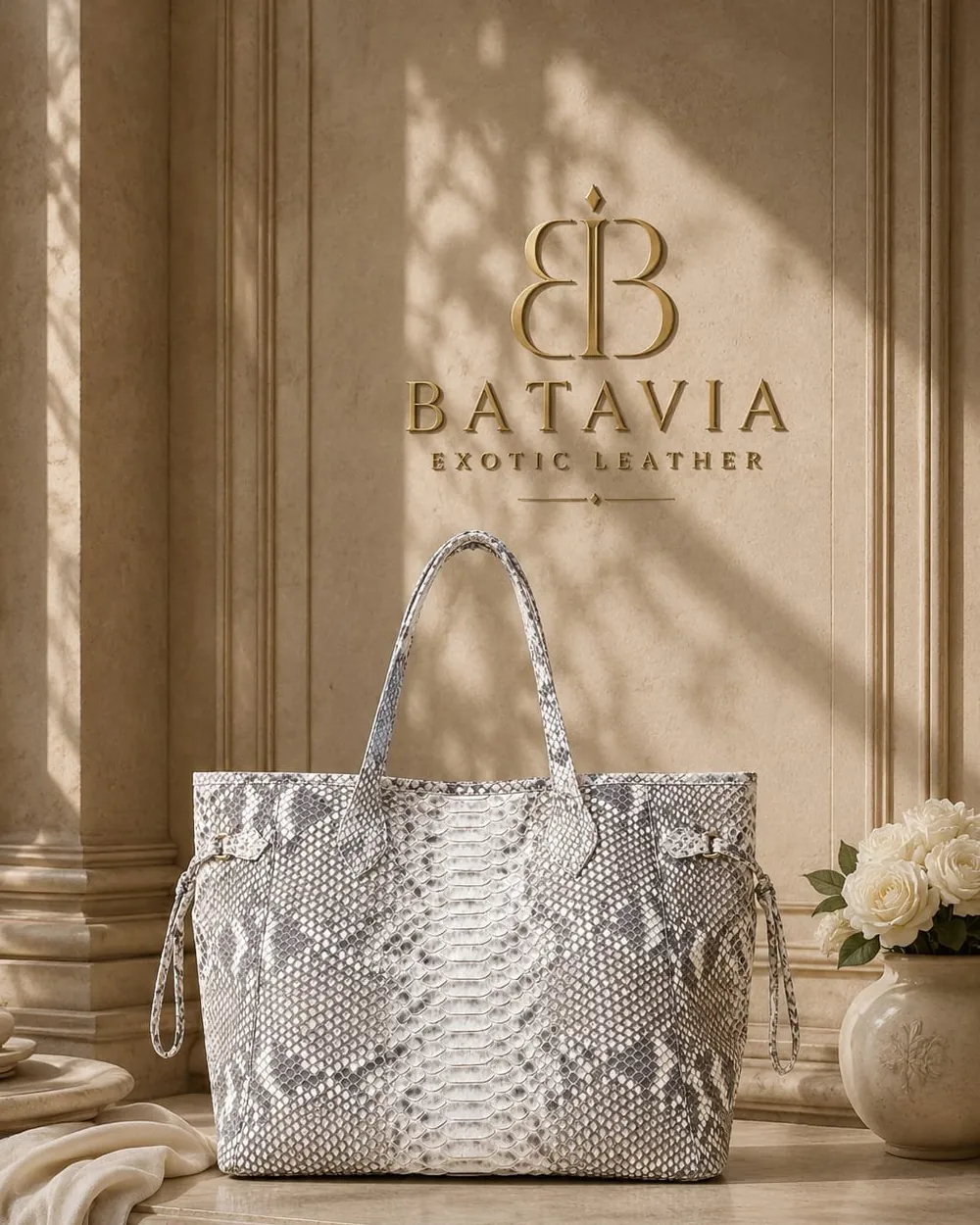 Batavia Ravello python leather tote bags in natural, teal, and natural with black trim