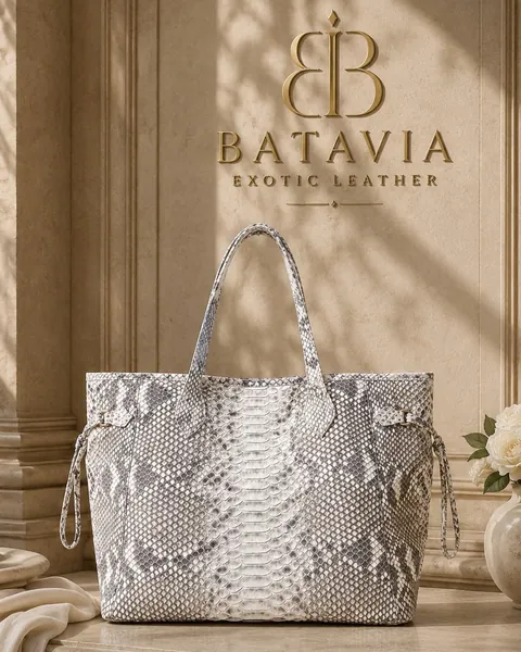 Batavia Ravello python leather tote bags in natural, teal, and natural with black trim