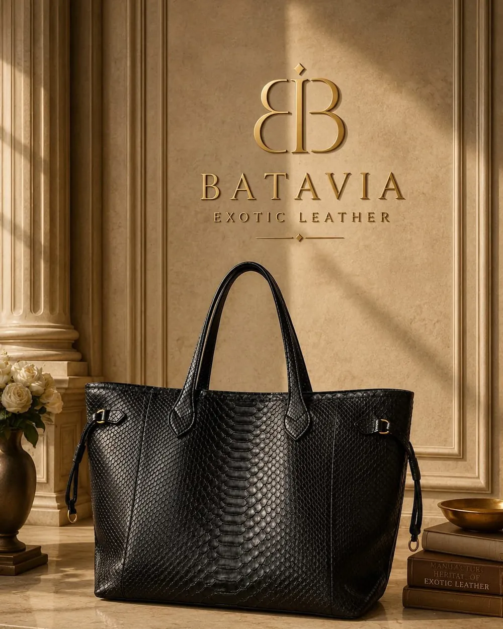 Batavia Ravello Noir python leather tote bag in black