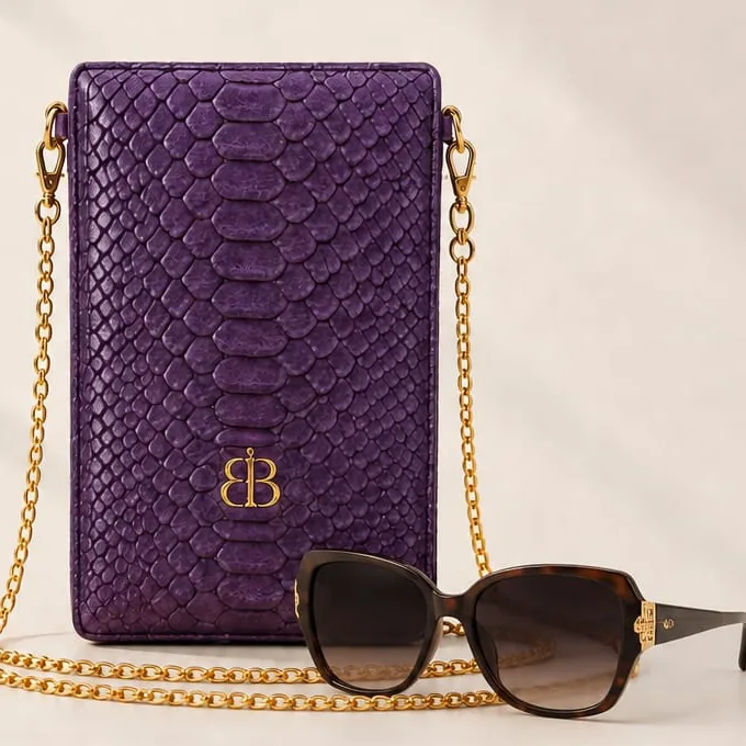 Batavia Python Sunglass Chain Pouch in purple python leather on a gold-tone chain