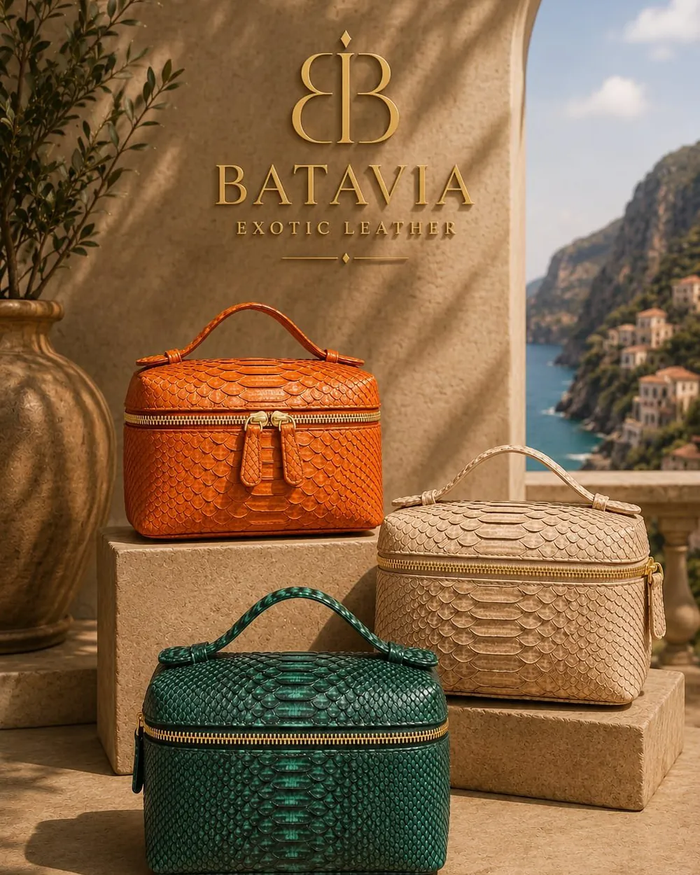 Three Batavia Vesper python leather vanity cases in orange, beige and green