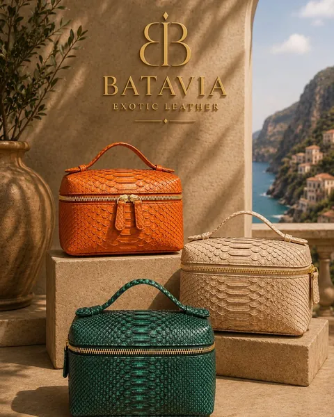 Three Batavia Vesper python leather vanity cases in orange, beige and green
